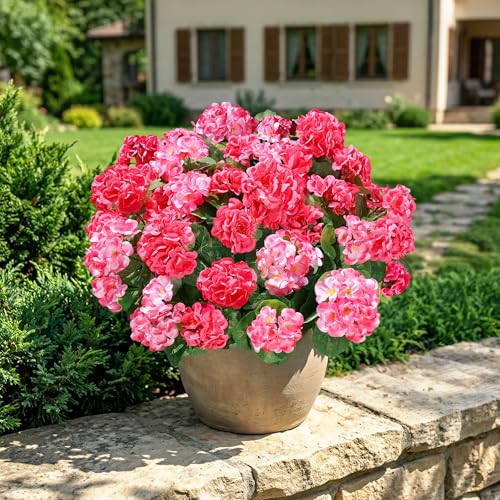 Fake Geraniums Artificial Flowers for Outdoors, 6 Bundles Silk Geraniums Flowers Realistic UV Resistant Fake Plants Faux Flowers for Outside Planters Front Door Garden Balcony Yard Porch Indoor, Mix - color: 3 Pink, 3 Hotpink