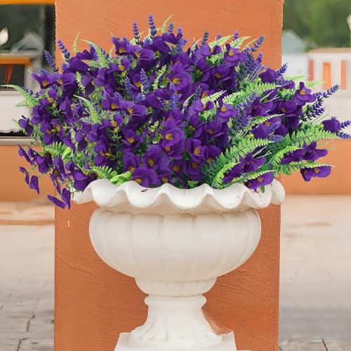 14 Bundles Artificial Flower Outdoor Stems Set,Faux Flowers for Outdoor Planters, Spring Front Porch Decor,UV Resistant Fake Flowers for Outside Party Garden Home Decoration（Purple） - color: Purple-14