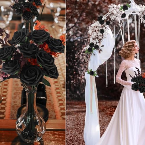 Artificial Flowers Roses with Stems for DIY Wedding Christmas Tree Bouquet Baby Shower Centerpiece Floral Arrangement Party Home Decor Mothers Day Decorations (Black, 50) - color: Black, size: 50
