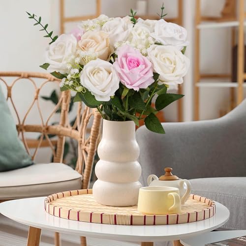 12PCS Artificial Realistic Silk Fake 3-Colored Roses Long Stem | 3 Colors Mixed Roses For Wedding Decoration, Party Table Decoration, Valentines Mother's Day - color: 8 White/2 Pink/2 Champagne