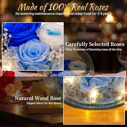 Preserved Blue Real Rose in Glass with Scented Candles – Forever Flower Romantic Anniversary Christmas Birthday Valentines Mothers Day Gifts for Mom, Women, Wife, Girlfriend, Her, Grandma - color: Glass-Blue