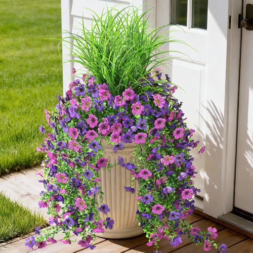 Hommyea Artificial Hanging Flowers for Outdoors with Wheat Grass, 5 Pcs Fake Hanging Plants for Spring Decor, UV Resistant Faux Silk Flower Greenry for Planter Porch Patio Yard Garden(Double Purple) - color: Z Double Purple With Grass