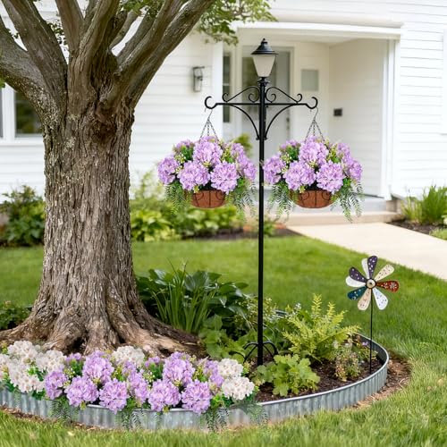 Ammyoo Artificial Flowers in Hanging Basket Planter for Home Spring Summer Decoration, Silk Hydrangea Outdoor Indoor Arrangements, 12" Metal Coconut Lining Basket with Faux Plant(Light Purple) - color: Z-light Purple With Basket