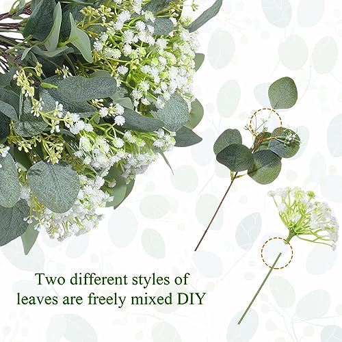 Hotop 100 Pcs Mixed Eucalyptus Leaves Stems Bulk Artificial Silver Dollar Greenery for Bouquet Faux Plant Branches for Wedding Bridal Bouquets Vase Floral Arrangement Home Decor