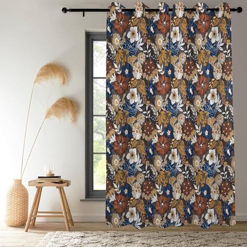 Renaiss Bohemian Floral Blackout Curtains, Blue Brown White Flower Thermal Insulated Bedroom Window Curtains, Boho Style Patterned Window Curtains for Kitchen, 45" L x 29" W 2 Panel Set - color: Brown, size: 29"W x 45"L (Pack of 2)