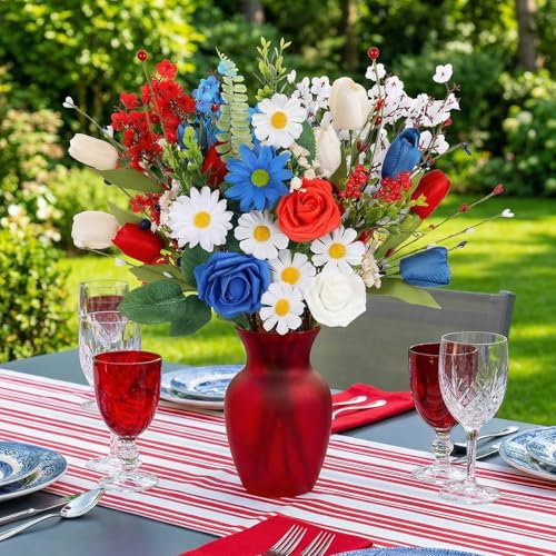 4th of July Artificial Flower Bouquet, 11 Stems Red White and Blue Faux Flowers with Roses Tulips and Baby's Breath, Patriotic Table Centerpiece for Home Vase Decor