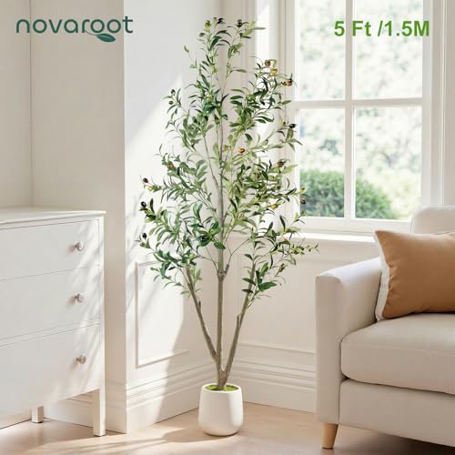 Olive Trees Artificial Indoor, 5FT Tall Faux Olive Tree with Moss and Planter, Artificial Plants Indoor with Realistic Silk Leaves and Lifelike Fruits, Fake Tree for Home Office Living Room Decor - size: 5ft