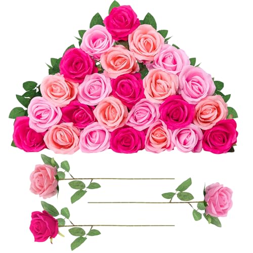24 Pcs Hot Pink, Light Pink Rose Artificial Flowers with Long Stem Real Touch Silk Roses Bulk for Wedding, Party, Table Centerpieces Bouquet, Bridal, Home Decor - color: Hot Pink, Light Pink, Pink