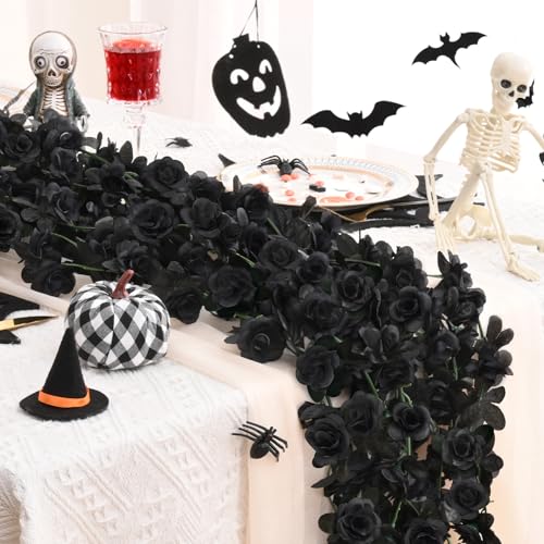 BLEUM CADE 12Pcs 98.4Ft Flower Garland Artificial Rose Vines for Bedroom, Cute Fake Hanging Flower Vines Floral Garland Decorations for Halloween Wedding Party Wall Room Decor Aesthetic - color: Black, size: 12 Pcs