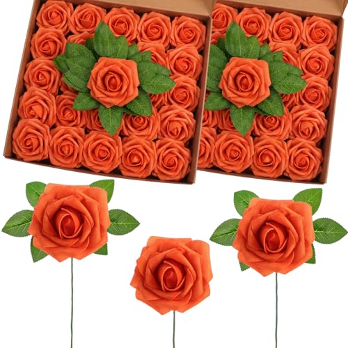 50 Pcs Artificial Foam Rose Flower Faux Bouquet Wedding Fake Rose Gift for Mother's Day Women DIY Bridal Shower Party Table Birthday Home Spring Decor (Burnt Orange) - color: Burnt Orange