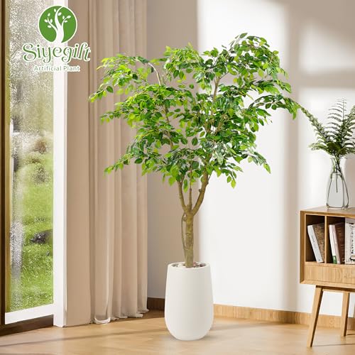 6.5FT Artificial Ficus Tree with White Planter and Pebbles,Faux Silk Tree with Lifelike Leaves and Realistic Trunk,Tall Fake Potted Plant for Home and Office Décor Indoor and Outdoor (6.5FT) - size: 6ft 6in