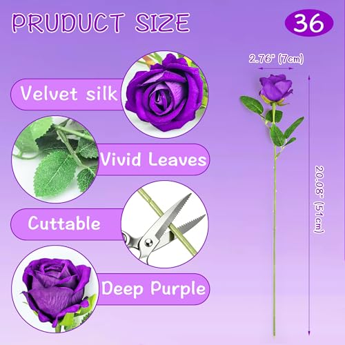 Rose Artificial Flowers Velvet Bouquet with Long Stem Real Touch Fake Roses Florals for Bridal Wedding Bouquet Party Arrangement Centerpiece Decorations (36, Purple) - color: Purple