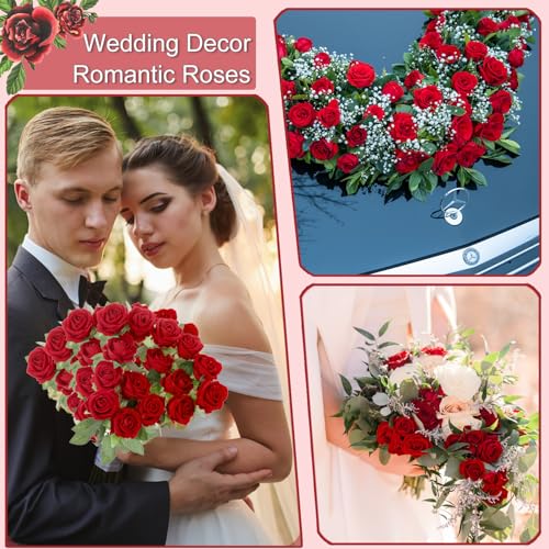 12Pcs Red Roses Artificial Flowers Fake Roses Faux Velvet Silk Flower for Home Wedding Decoration (Pearl Rose, Red) - color: Pearl Roses - Red 12p