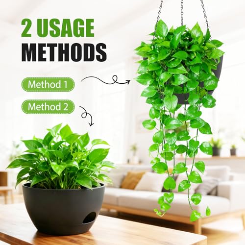 8 Inch Hanging Planters for Indoor Outdoor Plants, 4 Pack Black Plastic Self Watering Hanging Baskets with Drainage Holes and Chain for Garden Porch - color: Black