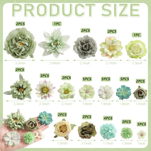Artificial Flowers Heads Combo Green Flowers Mix Silk Flowers Heads Bulk Faux Rose for Craft Garland Graduation Cap Wedding Bridal Baby Shower Home Party Decoration DIY Cake Decor - color: Green