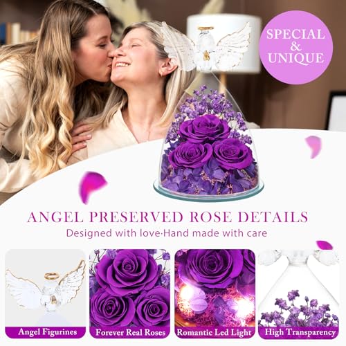 Mothers Day Flowers Gifts for Mom Flowers for Delivery Preserved Flowers Forever Real Fresh Roses in Glass Angel Figurines Birthday Gifts for Women Anniversary Present for Grandma Wife from Daughter - color: Classic Purple (Rose, Baby's Breath, Hydrangea)