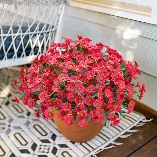 Daisy Artificial Flowers for Outdoors Decoration, 6 Bundles Fake Plants Flowers Bouquet Faux Flowers for Outdoor Planter Look Real UV Resistant Silk Flowers for Outside Front Door Porch Patio, HotPink - color: Hotpink