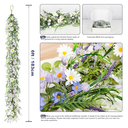 6ft Summer Daisy Garland with Flowers, Faux Daisy and Lavender Flower Garland Artificial with Floral Lanvender for Baby Shower Wedding Mantle Fireplace Table Centerpiece Decor - color: Lavender