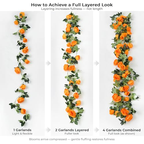 FiveSeasonStuff Warm Orange Artificial Rose Garlands, Four Separate Faux Flower Vines with Greenery - color: Mandarin Orange