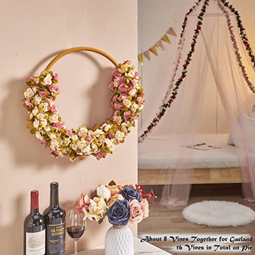 PONKING 8 Pcs x 8.2 ft Flower Garland Artificial Rose Vine Flowers with Green Leaves Hanging Fake Roses Vine for Room Party Home Wedding Birthday Christmas Wall Arch Decor, Champagne Pink Flower - color: Fall-pink Champagne-8pcs, size: 8 Vines 66FT
