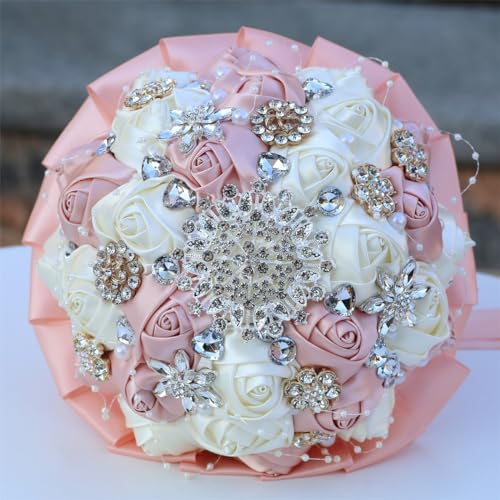 9.8" Pink Champagne & Ivory Bridal Wedding Bouquet Round Holding Bouquet Throw Toss Artificial Rose Flower Bunch for Bride Bridesmaid Wedding Quinceanera - color: Pink Champagne & Ivory, size: Large (Dia. 9.8"/25cm)