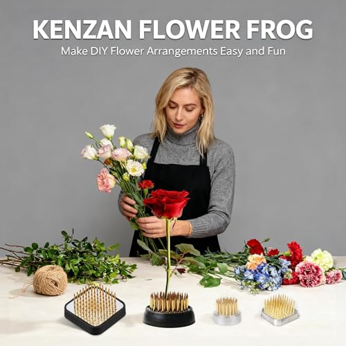 4 Pcs Flower Frog Pin Holder Set - 2 Round & 2 Square (0.9", 1.2", 1.57", 1.97") Floral Arrangement Frogs Vases with Straightener & Cleaning Brush - Ikebana Flower Holder Tools for DIY Crafts