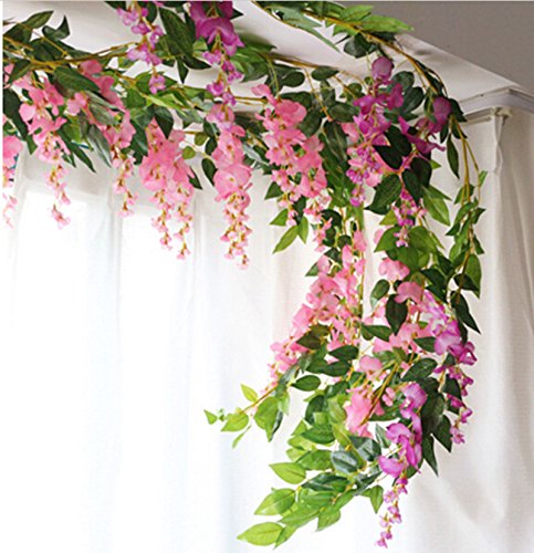 DearHouse 4Pcs 6.6Ft/Piece Artificial Flowers Silk Wisteria Garland Artificial Wisteria Vine Rattan Silk Hanging Flower for Home Garden Outdoor Ceremony Wedding Arch Floral Decor(Pink) - color: Pink
