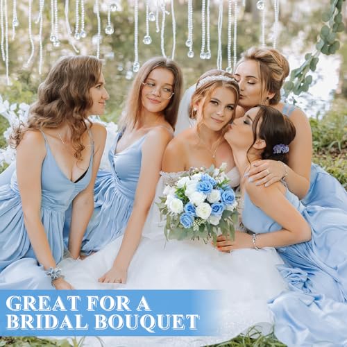 Zeyune 8 Pack Artificial Mini Blue and White Roses, 12 Inch Fake Flowers with Stems, 80 Small 1.6 Inch Flower Heads, Silk Mini Rose Bouquets for Wedding Centerpieces, Bridal Bouquets, Home Party Decor - color: Blue and White