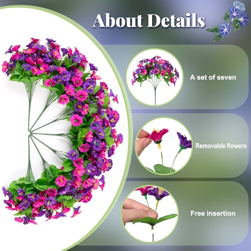 Ammyoo Artificial Fake Hanging Flowers with Basket, Faux Silk Morning Glory Flower Arrangement for Spring Summer Decor, Hanging Plant for Patio Garden Porch Outdoor Decor - color: Dark Purple Purple-red