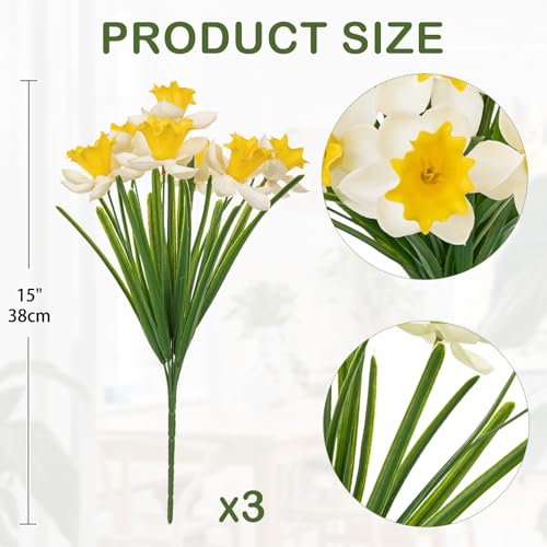 3 Bundles Daffodils Artificial Flowers, 15" Faux Daffodils with 21 Flower Heads, Real Touch Fake Spring Flower White & Yellow Decorative Flowers Bouquet for Home Wedding Centerpieces Vases Arrangement - color: White, size: 3 Bundles-15 Inch