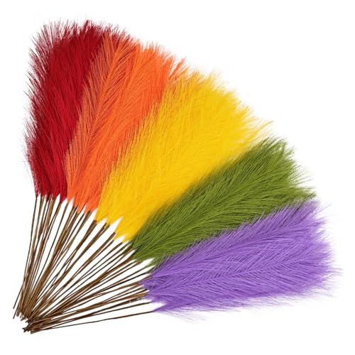 50pcs Pampas Grass 21.6 Inch Non-Shedding Faux Pampas for Modern Neutral Home, Boho Wedding and Cream Tone Vase Arrangements Red Orange Yellow Green Purple - color: Mixed Color3