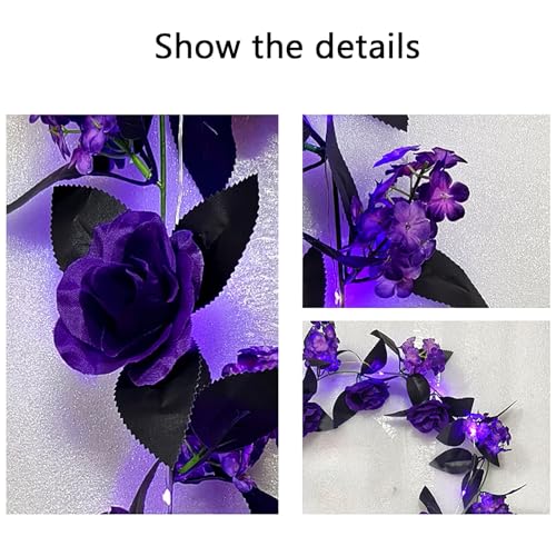 Ochine Halloween Flower Garland Decorations Rose Vines with Purple LED Light, 79 Inch Halloween Red Rose Vine Fake Floral Wall Hanging Ornaments for Halloween Decorations Wedding Home Decor