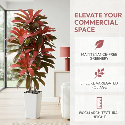 Artificial Dracaena Tree：6FT Faux Silk Tropical Yucca Floor Trees Realistic Fake Green Plant with Natural Wood Trunk & Lifelike Leaves for Home Office Decor Indoor & Outdoor (6FT,1-Pack,White) - color: Burgundy – White Pot, size: 6FT