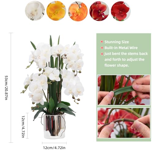 CXGS Artificial Orchid Flower Plants Real Touch Faux Orchids in Ceramic Vase 20.9'' White Phalaenopsis Orchid Fake Flower Arrangement Home Indoor Decor - color: White- Silver (12cm)