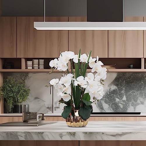 CXGS Artificial Orchid Flower Real Touch Faux Orchids in Ceramic Vase Large 22.9'' Fake Flowers White Phalaenopsis Floral for Home Indoor Decor - color: White- Golden (Large Pot)
