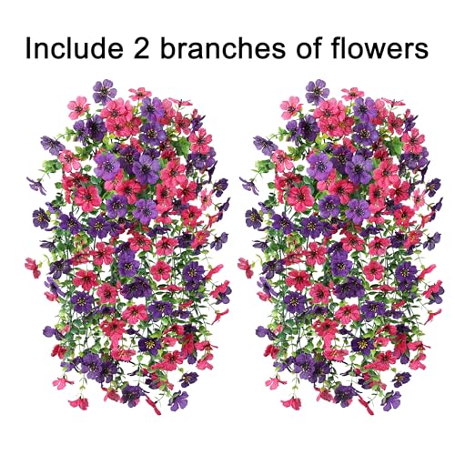 HyeFlora Artificial Flowers for Outdoors Decoration, 2Pcs Fake Hanging Spring Summer Decor, Purple and Hotpink Realistic Plants, UV & Fading Resistant Silk Flower for Porch Patio Balcony Planter Yard - color: Darkpurple+hotpink