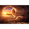 Empty Tomb Backdrop Sunrise Sunset Jesus Christ Crucifixion Resurrection Cave Photography Background Holy Lights Easter Background Three Crosses Jesus Christ Backdrop Props Banner 5x3ft - color: Gloden, size: 5x3ft