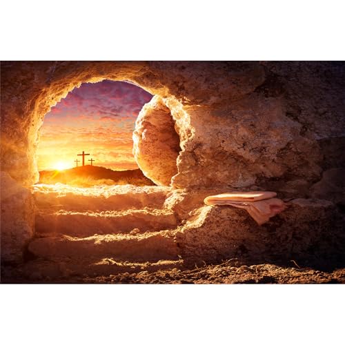 Empty Tomb Backdrop Sunrise Sunset Jesus Christ Crucifixion Resurrection Cave Photography Background Holy Lights Easter Background Three Crosses Jesus Christ Backdrop Props Banner 5x3ft - color: Gloden, size: 5x3ft