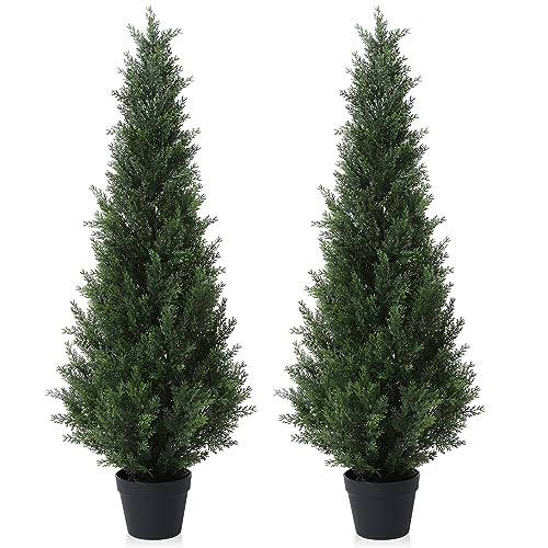 Laiwot 4FT Artificial Cedar Topiary Trees for Outdoors Potted Fake Cypress Trees Faux Evergreen Plants for Home Porch Decor Set of 2 - size: 4ft