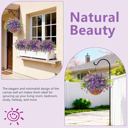Artificial Flowers Hanging Baskets, Multicolor 12 Bundles Faux Flower with Ferns Outdoor Hanging Basket Spring Summer Decoration, Fake Flowers Plants for Porch Patio Balcony Home Yard Decor - color: Double Purple With Ferns