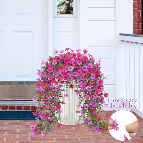 Betylifoy 4PCS Artificial Hanging Flowers Fake Hanging Plants for Outdoors UV Resistant Faux Silk Orchid Flowers Greenery Long Trailing Vines for Indoor Outside Garden Porch Decor (Purple&Rose Red) - color: Purple&rose Red