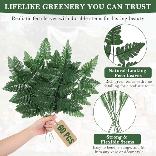 60 Pack Artificial Fern Leaves, 17 Inch Realistic Faux Fern Greenery Stems, Lifelike Fake Foliage for Wedding Arch, Home Decor, Vase Filler, Floral Arrangements, No Maintenance