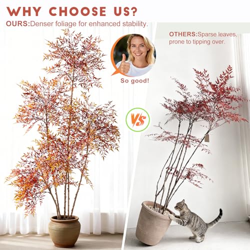 Faux Bamboo Plant Artificial Nandina Tree 7.2FT Artificial Plants Realistic 90% Better Coverage Faux Plant Bamboo Plants Faux Floor Plant in Pot for Home & Office Decor (Red, 7.2ft) - color: Red, size: 7ft 2in