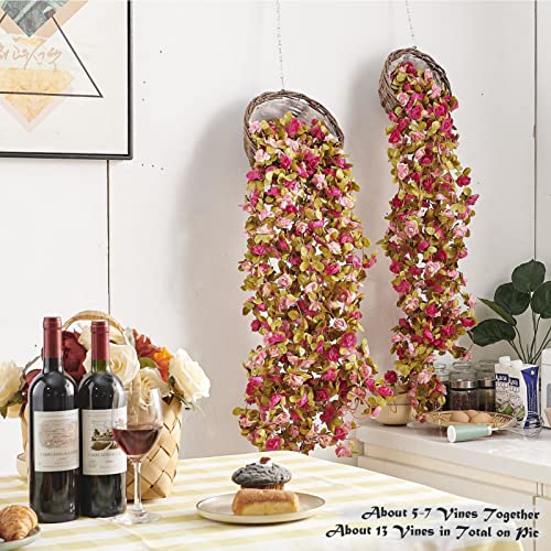PONKING 8 Pcs x 8.2 ft Flower Garland Artificial Rose Vine Flowers with Green Leaves Hanging Fake Roses Vine for Room Party Home Wedding Birthday Christmas Wall Arch Decor, Fall Purple Flower - color: Fall-purple-8pcs, size: 8 Vines 66FT