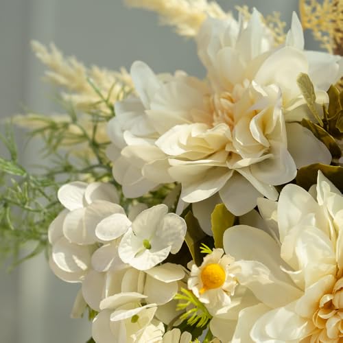 Fake Flowers with Vase Silk Dahlia Artificial Flowers in Vase Faux Hydrangea Flowers Arrangements with Vase for Home Office Decoration Dining Table Centerpiece (White) - color: White