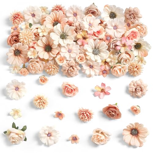 rongflower Mini Artificial Flowers for Crafts, 90 Pcs Nude Color Silk Fake Flowers Assorted Faux Roses Peonies Daisies Bulk for Wedding Decor Graduation Cap Cake Topper Baby Shower Home DIY - color: Nude Color