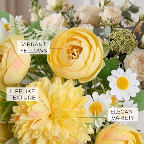 Tigeen 6 Pcs Bundles Artificial Bouquet Flowers Artificial Peonies Faux Roses Hydrangea Flowers Bouquet for Wedding Table Centerpiece Floral Vase Decor (Orange,Yellow) - color: Orange, Yellow