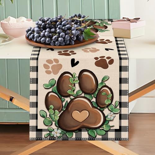 Cat Dog Paw Prints Table Runner, Buffalo Plaid Check Farmhouse Kitchen Dining Table Decoration Pet Lover Gifts, Eucalyptus Leaves Burlap Indoor Outdoor Home Decor Party Supply 13 x 36 Inches - color: Paw, size: Table Runner 13''X36''