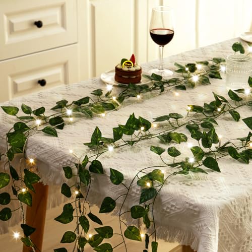CEWOR 24 Pack 173ft Fake Ivy Vines, Artificial Ivy Garland with 200 LED String Lights, Hanging Plants Greenery Backdrop Green Leaves for Bedroom Room Wall Decor Wedding Party Table Decoration - size: F-24pcs of Vines with 200 LED lights