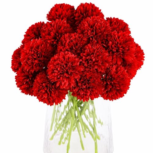 Kimura's Cabin 20Pcs Burgundy Red Chrysanthemums Artificial Flowers Silk Fake Mums Flowers with Stem for Home Table Centerpiece Christmas Floral Arrangement Halloween Decor - color: Red